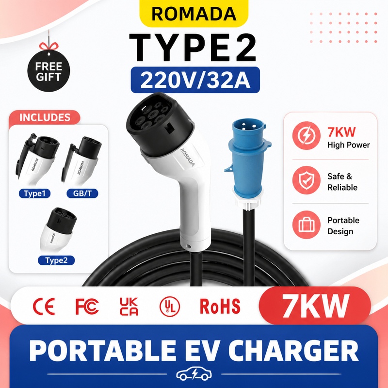 Portable Ev Charger 32A Type 2 Cee Plug - 7KW ROMADA Elektrikli Araç Taşınabilir Şarj